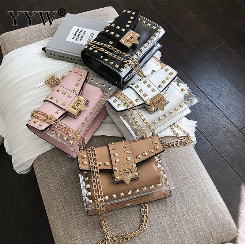 بو الجلود برشام رصع مربع حقيبة شفافة Crossbody حقيبة رائعة لينة سطح بولسا الأنثوية الذهب سلسلة عارضة الأزياء حقيبة