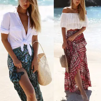 

Summer Women Boho Floral Long Maxi Skirts Empire Beach Holiday Ruffles Skirt S-XL