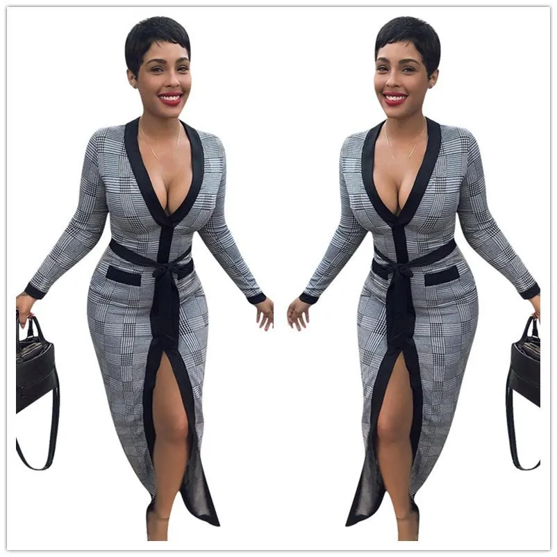 

Fork Plaid Print Sexy Bodycon Dress Vintage Fashion Women Sashes Dresses Club Night Bandage Maxi Dress
