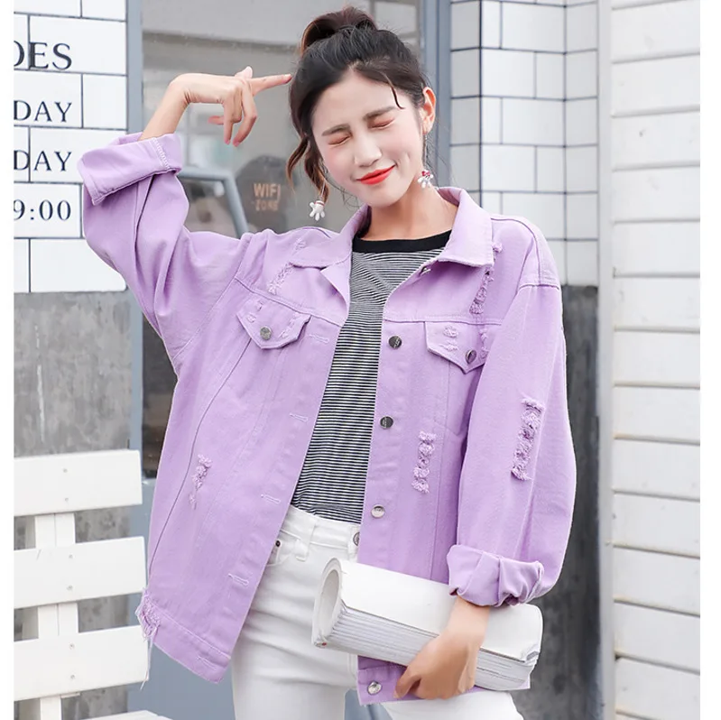 

Women Ripped Drop Shoulder Denim Jackets Fall Oversize Purple Casual Female Loose Basic jean Coat Chic Jacket for Girls A9121