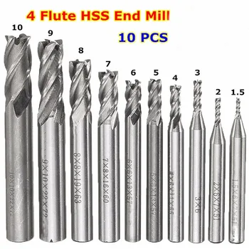 

10Pcs HSS End Mill Straight Shank 4 Flutes CNC Milling Cutter Kit Diameter 1.5mm to 10mm Blades Milling Cutter Drill Bit