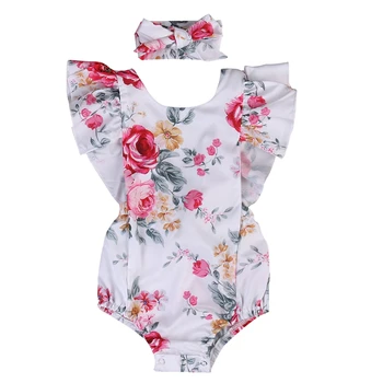

Toddler Newborn Baby Girl Bodysuit Summer Sleeveless Clothes Floral Jumpsuit Bodysuit Headband Costume Cotton Outfit 0-3M