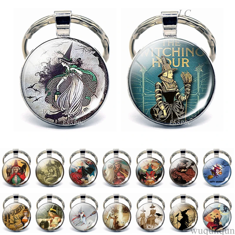 

Witch and Black Cat Key Chain Charms Wizard Pendant Witching Hour Glass Jewelry Silver Car Keychain Men Women Helloween Gifts
