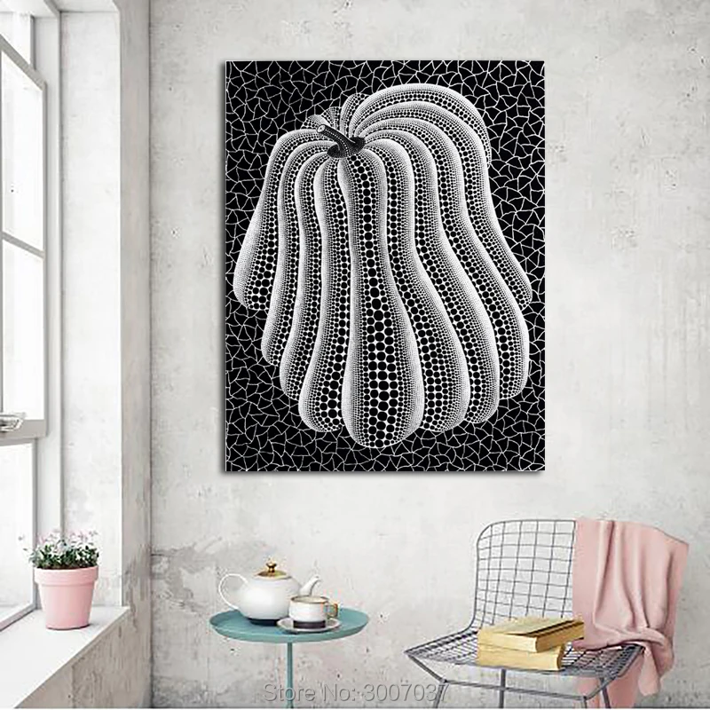 

Black And White Pumkpin Canvas Painting Yayoi Kusama 100%Hand Painted Oil Painting Wall Art For Living Room Cuadros Decoration