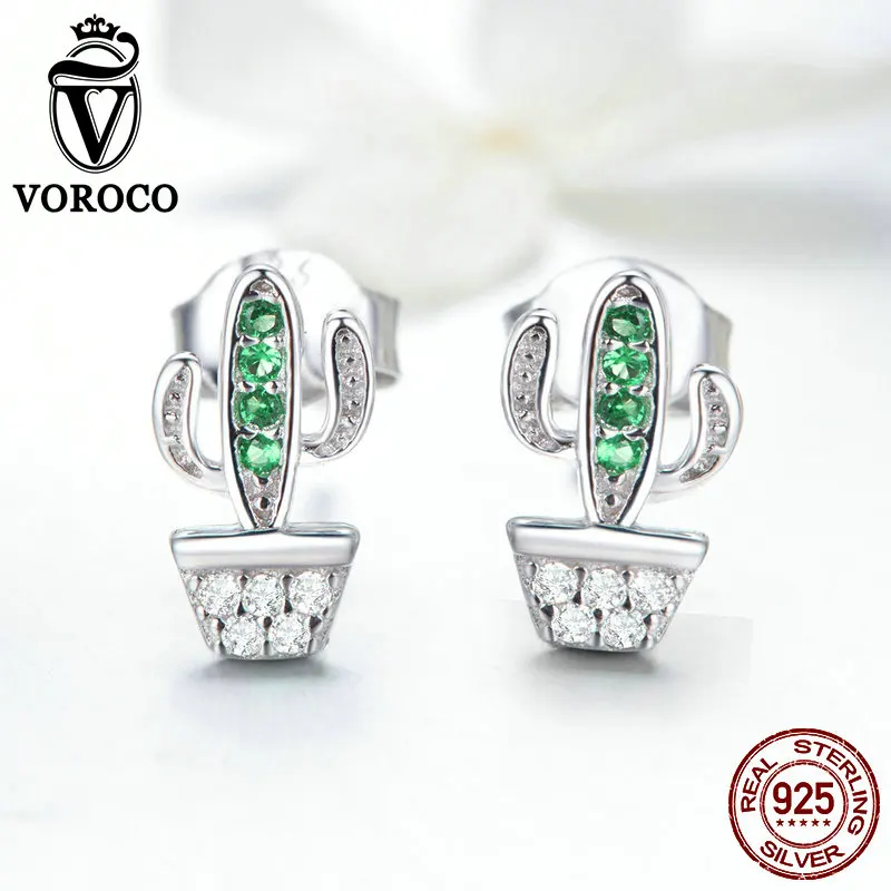 Корейские серьги VOROCO 925 искусственная кожа кактус AAA циркониевые ювелирные
