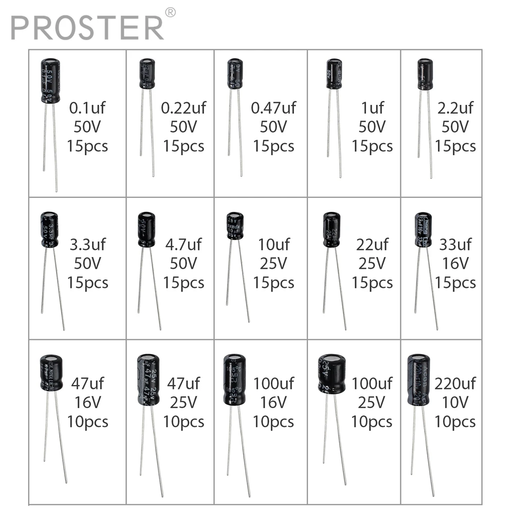 

PROSTER 100% for 15 kinds 200pcs Electrolytic Capacitor Organization Storage 0.1-220uF Capacitors Assortment Box Kit