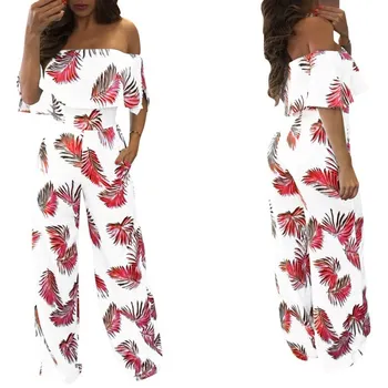 

2019 High Quality Summer Off-Shoulder Thin Jumpsuit Women Print Slash Neck Loose Rompers Casual Short Sleeve Bodysuits