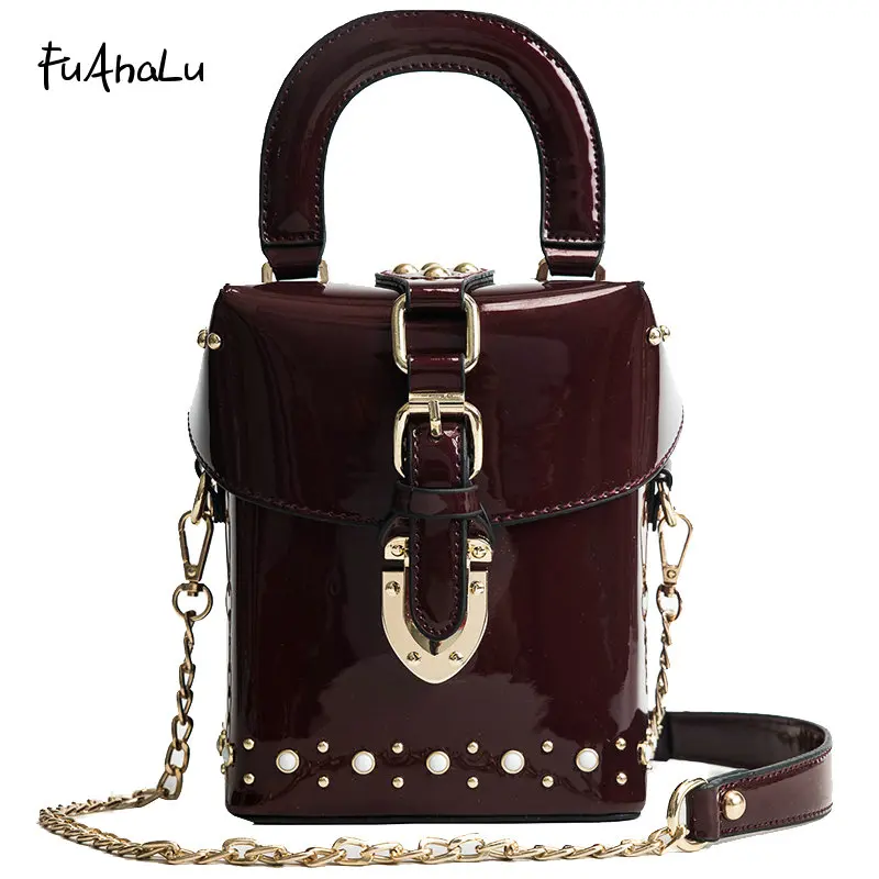 

FuAhaLu patent leather handbags Korean crossbody bags for women the chain rivet Messenger bag glossy surface bucket bag
