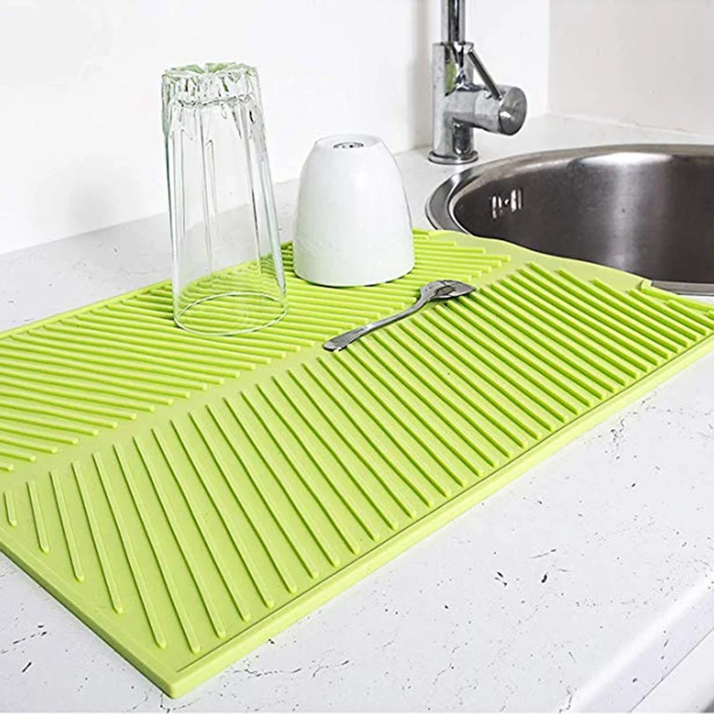 Silicone Dish Drying Mat Flume Folding Draining Rectangle Drain Dishes Pad Heat Resistant Non-Slip Tray Green | Дом и сад
