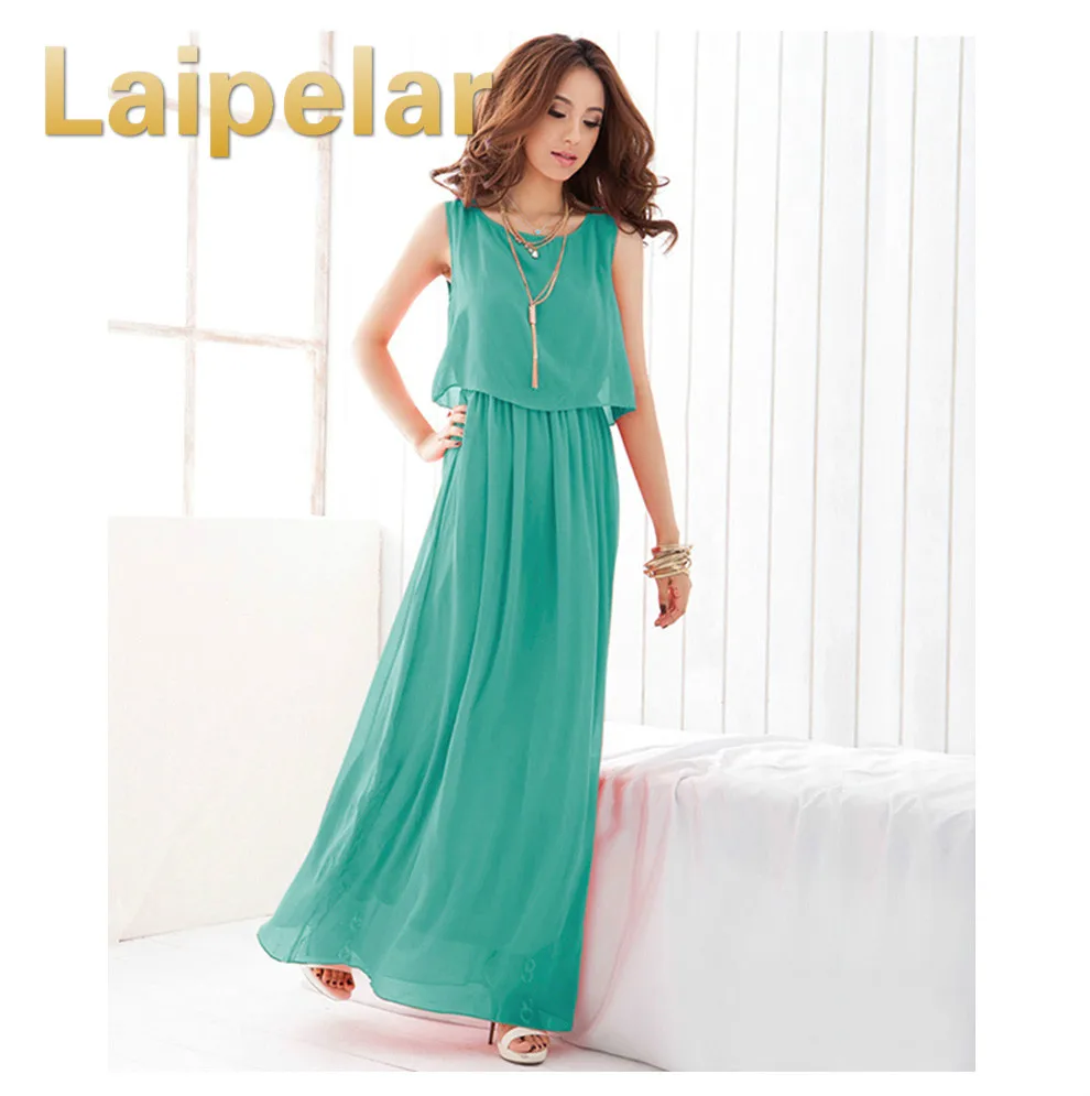 Hot Sale 2019 New Summer Women Dress Bohemian Dress Solid Maxi Dress Chiffon Slim Fashion Clothes O-Neck Sleeveless Vestidos