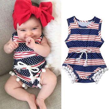

super Hero Movie Image Infant Baby Girl 4th of July Outfits Ball Tassel Romper Jumpsuit Clothes Sunsuit