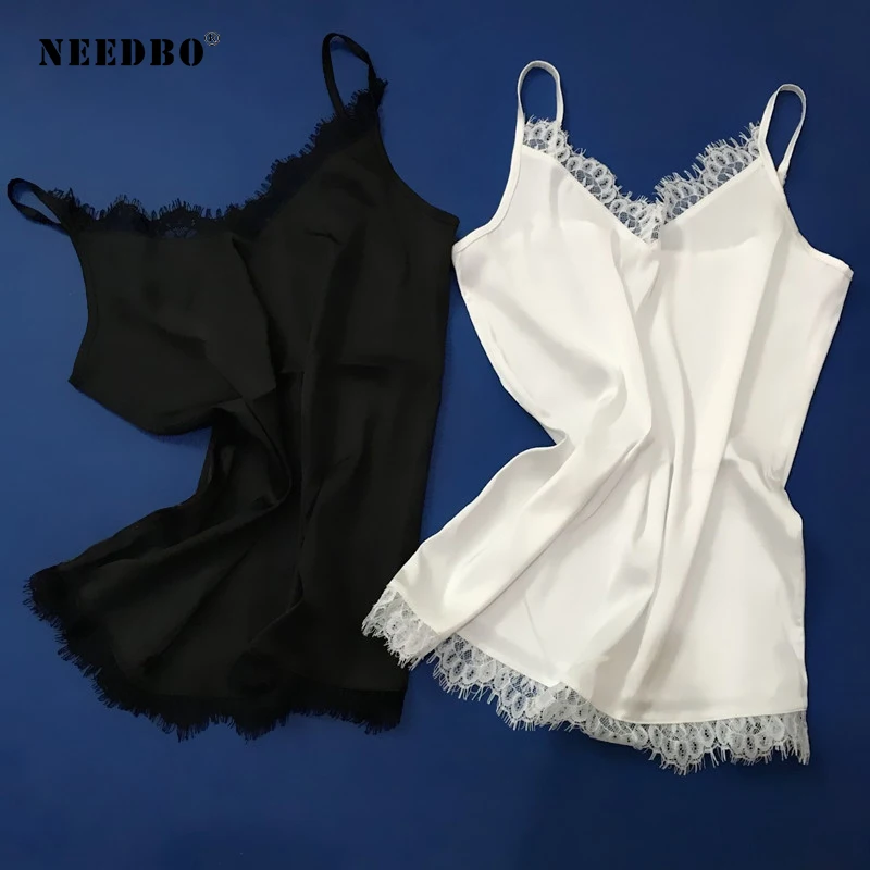 NEEDBO женские топы белый черный топ женский сексуальный кружевной атласный