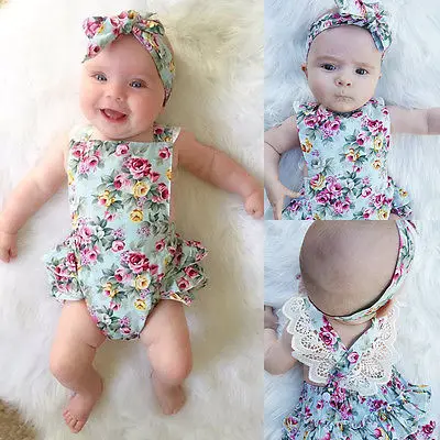 

Summer Newborn Kids Baby Girl Romper Clothes Floral printed Outfits Set Lace sleeveless Jumpsuit Romper+Headband Playsuit 0-24M