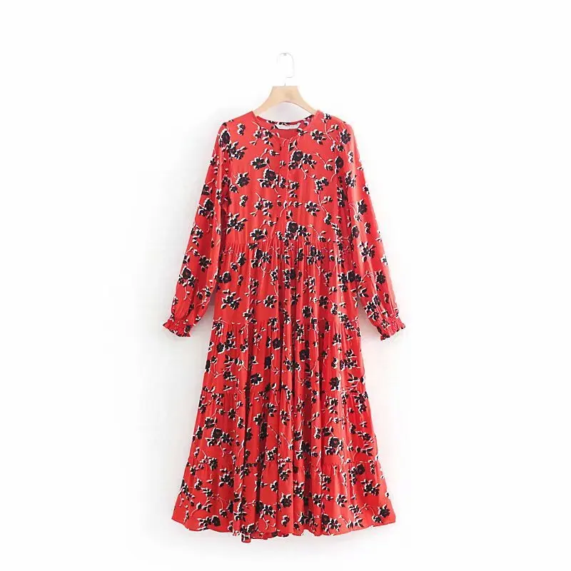 

Women fashion floral print red long dress ladies O neck pleated big swing chic vestidos retro brand party dresses