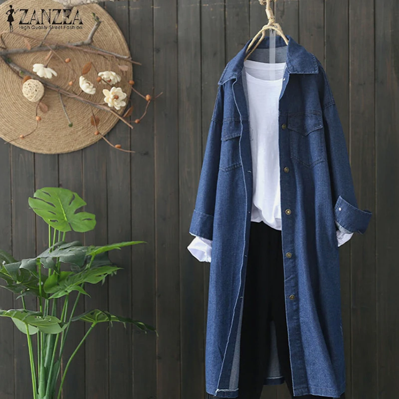 Goede 2018 Fashion ZANZEA Herfst Denim Blauw Lange Jas Vrouwen Casual Solid Revers Lange Mouwen Losse Party Jas Uitloper Plus Size S 5XL