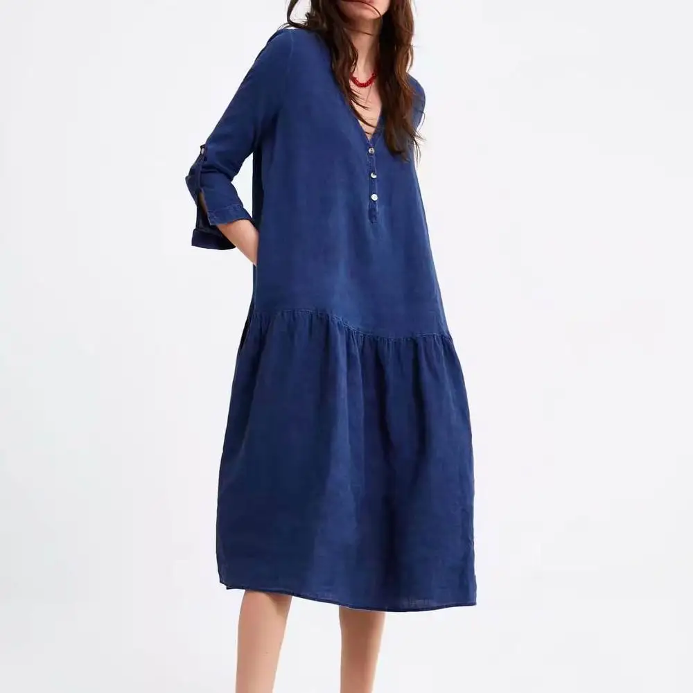 

Women Spring Dress 2019 New Fashion Cotton Ramie V-Neck Mid-Calf Casual Dresses Navy Color Feminino Vestidos