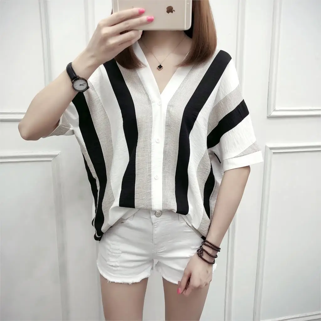 

2019 Spring Summer Large size Striped Blouses Chiffon Shirts Half Sleeve V Neck Women Tops Loose Plus Size Clothing 3XL 4XL