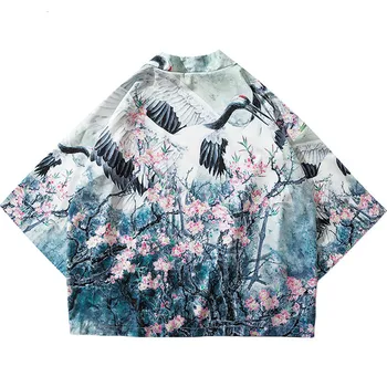 

Harajuku Kimono Jacket Japanese Hip Hop Men Streetwear Jacket Crane Floral Print Chinese Paint Summer Thin Gown Q006