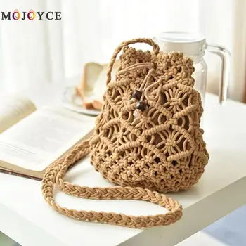 

Woven Drawstring Bucket Bag Women Bohemian Summer Beach Knitted Crossbody Bags