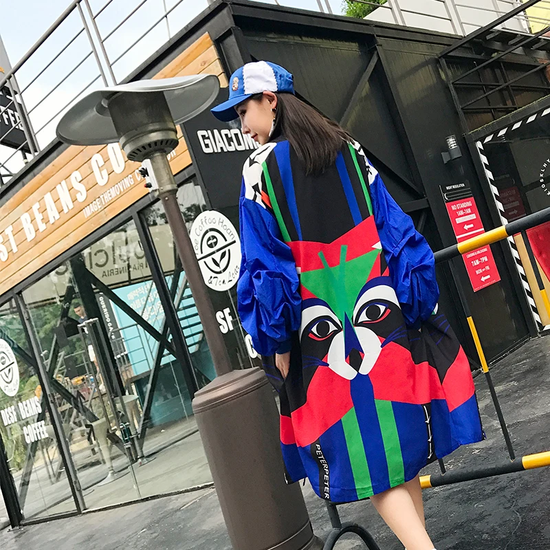 

[EWQ] 2019 spring autumn New Pattern Colour Animal Printing v-collar long Sleeve Loose Coat Joker women fashion tide AD49205