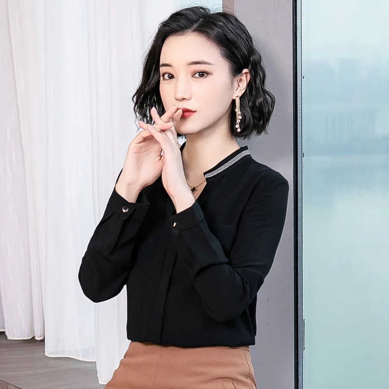 2019 New Fashion Women Shirts Full Sleeve Chiffon V-Neck Professional Blouse Shirt White Black 1615