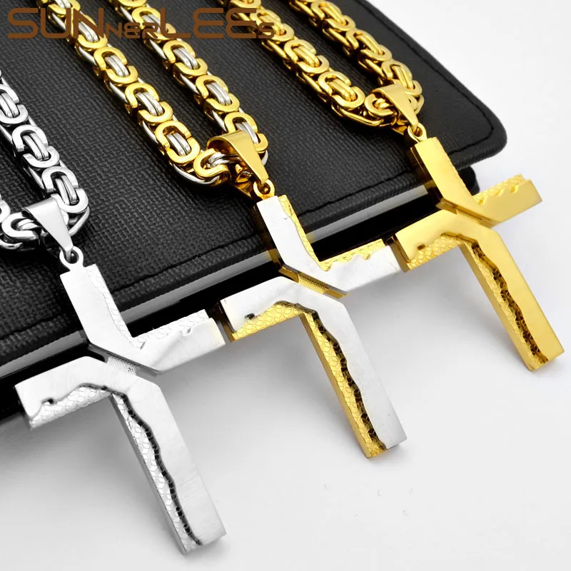 

SUNNERLEES Stainless Steel Jesus Christ Cross Pendant Necklace Byzantine Link Chain Silver Gold Color For Men Gift SP243