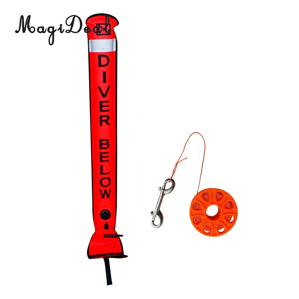 

4' Scuba Diving 'Diver Below' Reflective Surface Marker Buoy SMB Safety Sausage + Diving Finger Spool with Clip Line Holder Reel