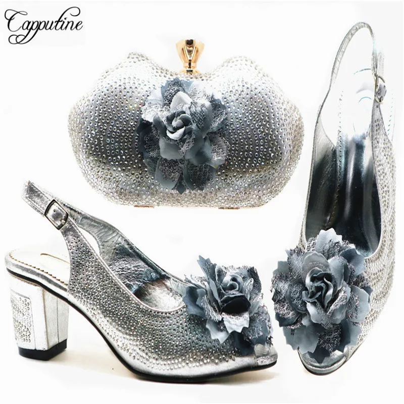 Capputine Nigerian Elegant Party Shoes And Bag Sets African Decorated With Rhinestone High Heels Shoes And Purse Set For Party