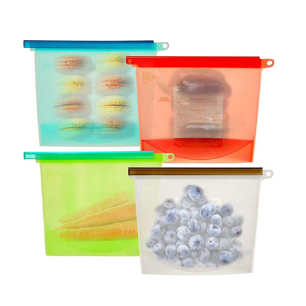 

4PCS 1000ml Reusable Silicone Food Storage Bags Leakproof For Freezer Preservation