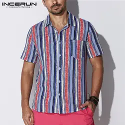 2019 модная повседневная мужская рубашка в полоску с коротким рукавом Мужская гавайская рубашка с лацканами Шея свободная летняя Приморская