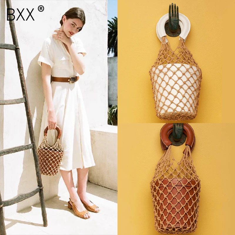 

[BXX] 2020 Spring New Pattern Women's Bag Casual Synthetic Leather Handbag Concise Solid Knitting Grid Bucket Package Bags DA247