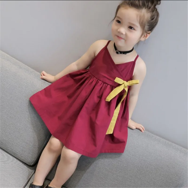 

Girls dress summer new 2019 cotton solid color sling ribbon sleeveless children's clothing