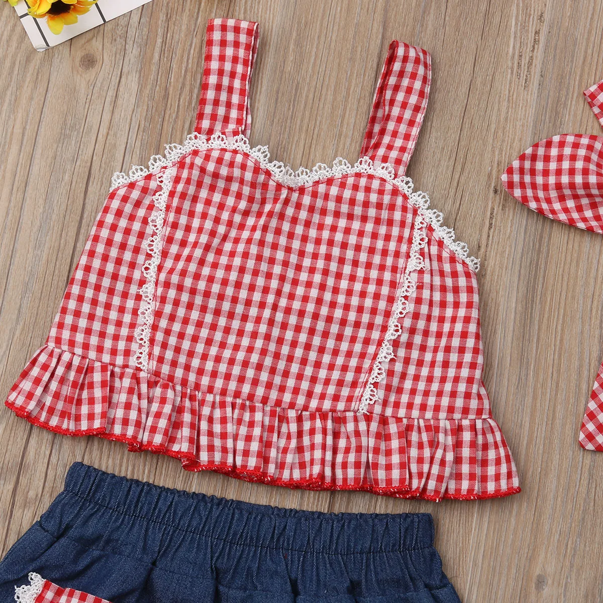 2019 Summer Red Checkered Baby Girl Clothing Top with Denim Shorts with Headband