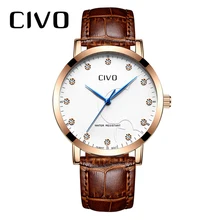 CIVO Mens Watches Luxury Waterproof Analogue Date Watch Men Fashion Casual Brown Genuine Leather Quartz Wrist Watches Men Clock men watches eyki brand luxury waterproof genuine leather quartz watch classic independent seconds fashion casual watches hodinky