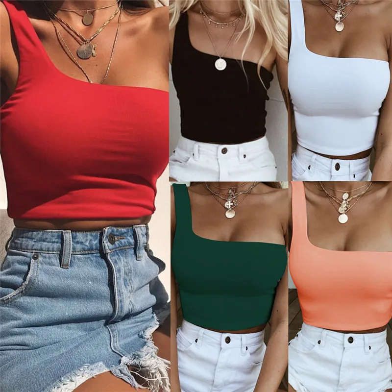 

Womens Summer Sexy Casual One Shoulder Short T-Shirt Crop Tops Vest Solid White Black Red Green