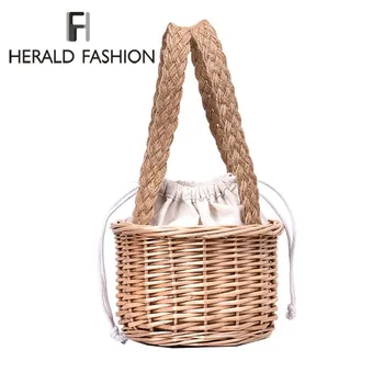 

Herald Fashion Straw Bucket Bags For Women Bohemia Summer Beach Bag Ladies Rattan Straw Bags Female Woven Travel Messenger Bag