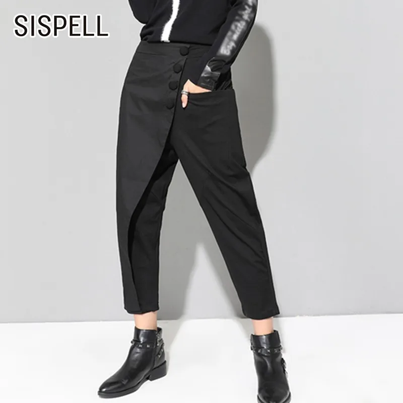 

SISPELL Women's Asymmetric Pants Elastic High Wasit Black Trouser For Women Harem Pants Female Autumn Fashion Streetwear Tide