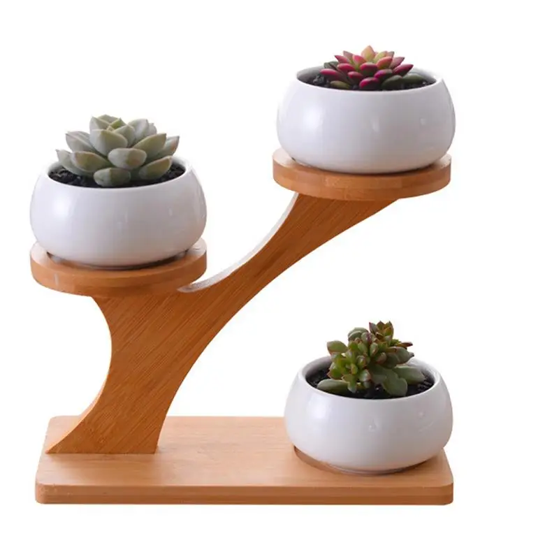 

White Ceramic Succulent Flower Pot And Tray Bracket Combination Simple Creative Home Gardening Decoration Potted Flower Pot Set
