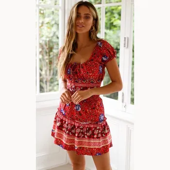 

2 Pieces Set Vintage Women Bohemian Sets Square Collar Lace Up Floral Print Skirt Set Summer Beach Mini Skirt Set