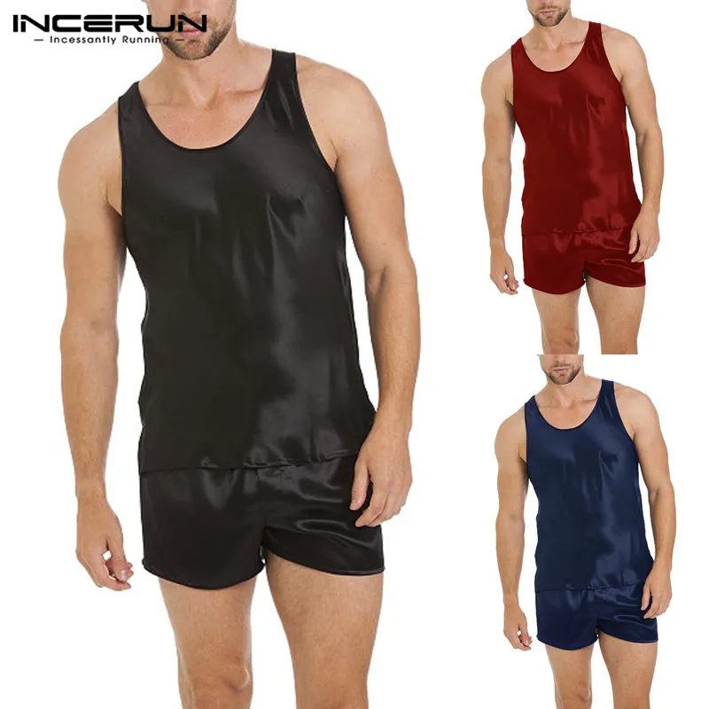 

2019 2pcs/set Sexy Sleepwear Lounge Robe Summer Mens Stain Silk Men Pajamas Pajamas Suit Sleeveless Tank Shorts Soft Loungewear
