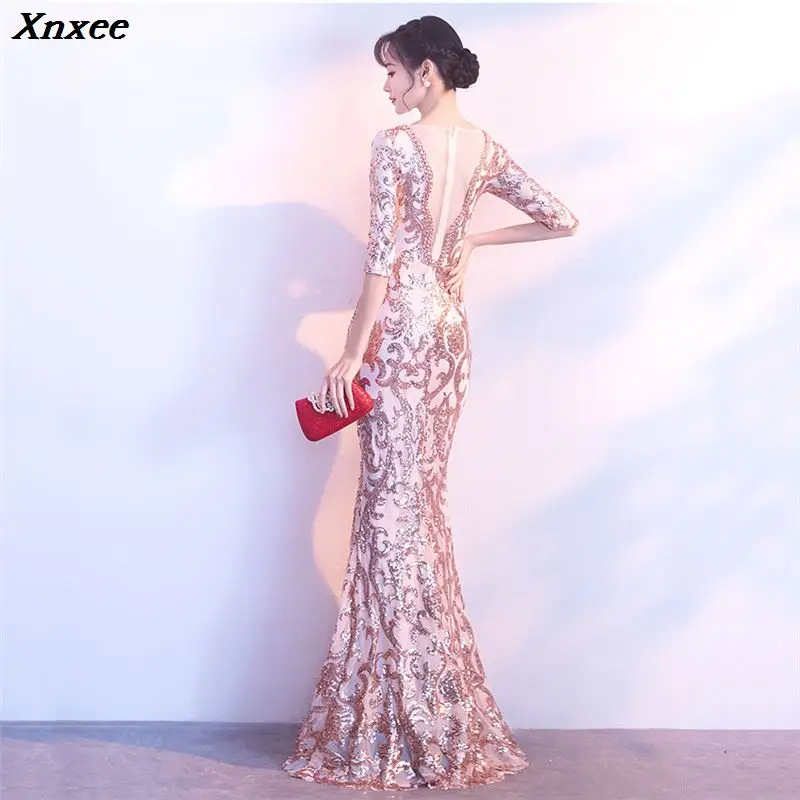 Xnxee вечерние платья знаменитостей цвета шампанского, золотого цвета, расшитые блестками, с коротким рукавом, с длинным рукавом, Русалка, тонкое женское элегантное вечернее платье, vestidos Xnxee