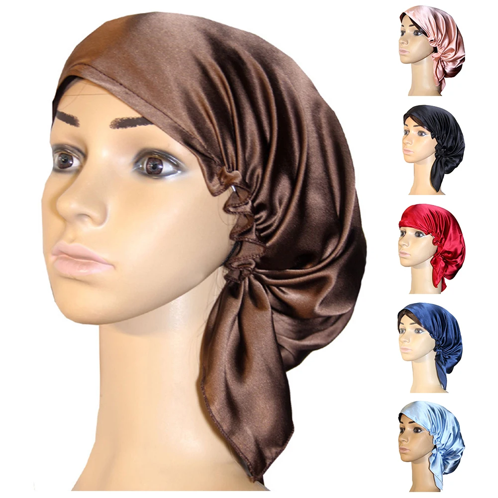 

New Women Night Sleep Cap Adjustable Ladies Soft Silk Long Hair Care Bonnet Headwrap Hat Soft Satin Hat Accessories Satin Hat