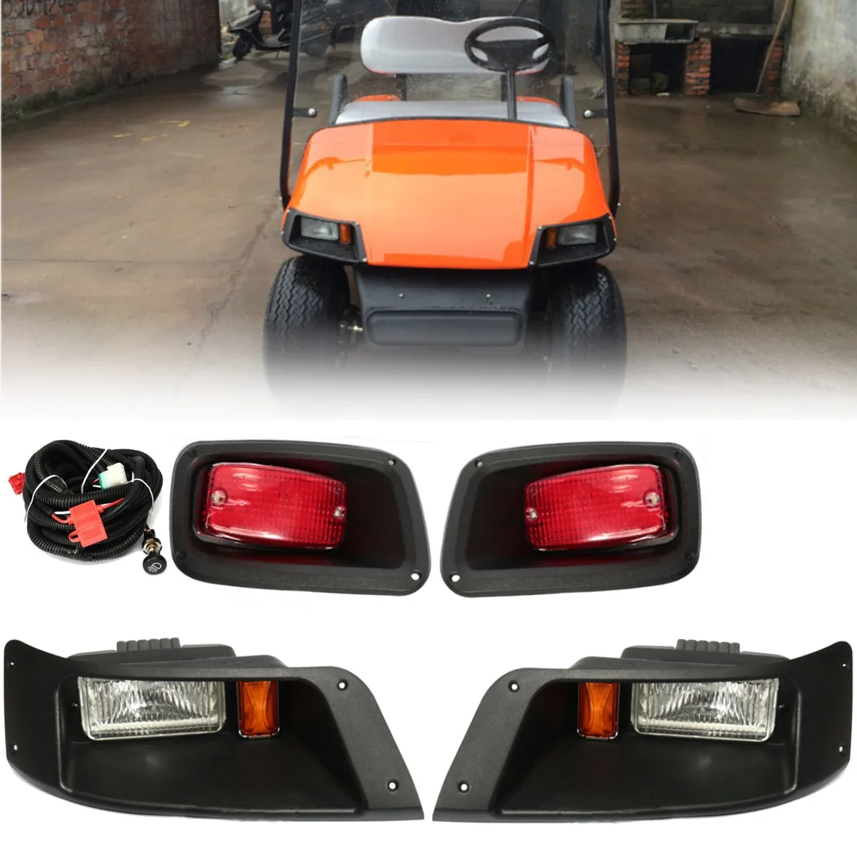 

12V New Halogen Headlight with LED Tail Light Lamp Kit For EZGO TXT Golf Cart 1996-UP With Wiring Harness Zip Ties