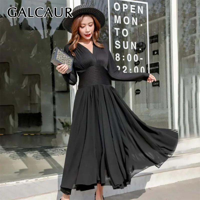 

GALCAUR Casual Solid Women Dress V Neck Long Sleeve High Wasit Slim Ankle Length Pleated Dresses Female Fashion 2019 Spring New