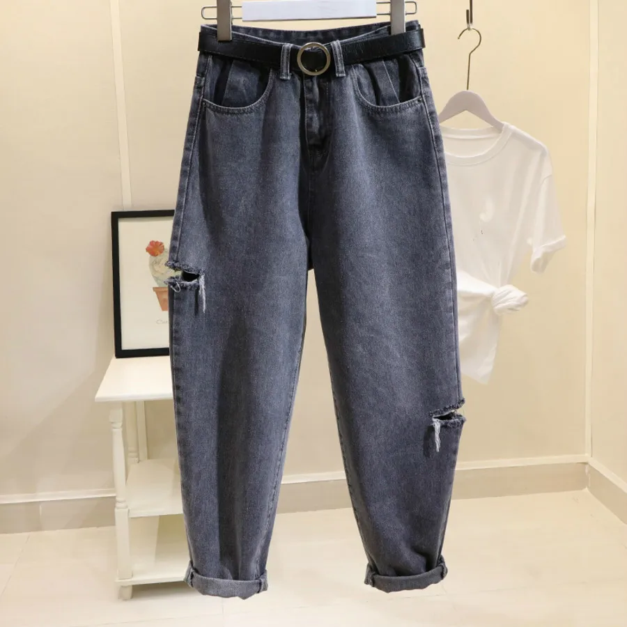 

Vintage Boyfriend Jeans For Women Mom High Waisted Jeans Blue Casual Ripped Hole Trousers Streetwear Harem Denim Pants