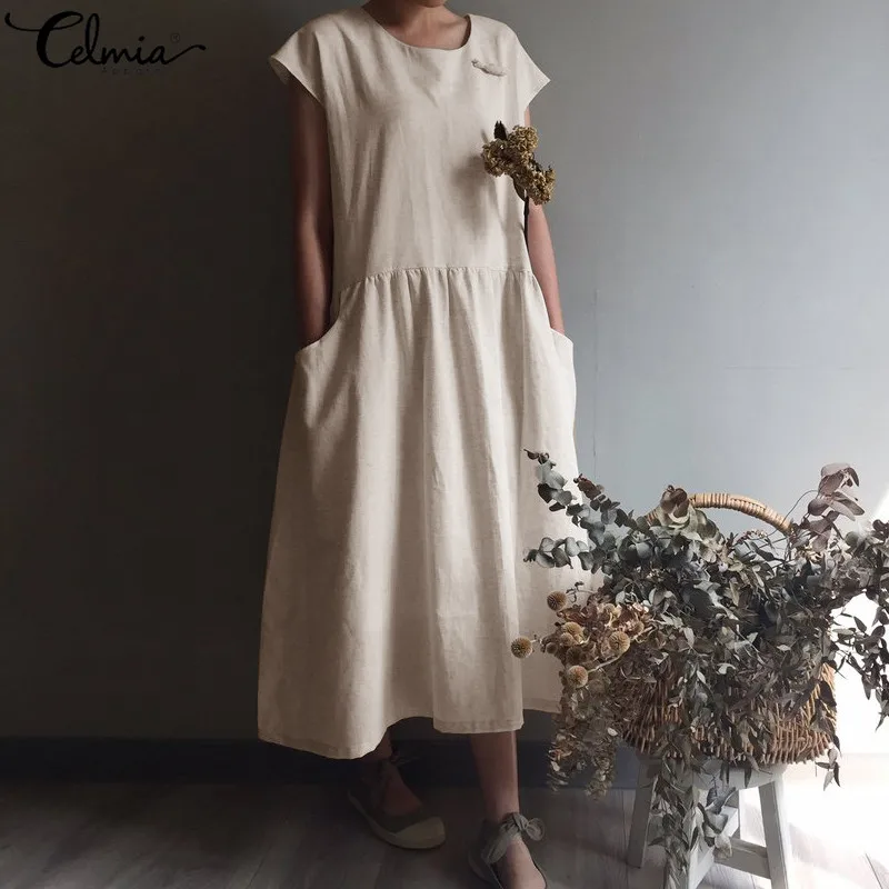

Celmia Plus Size Sundress Women Maxi Long Dress 2019 Summer Short Sleeve Vintage Cotton Loose Pleated Shirt Vestidos Robe Kaftan