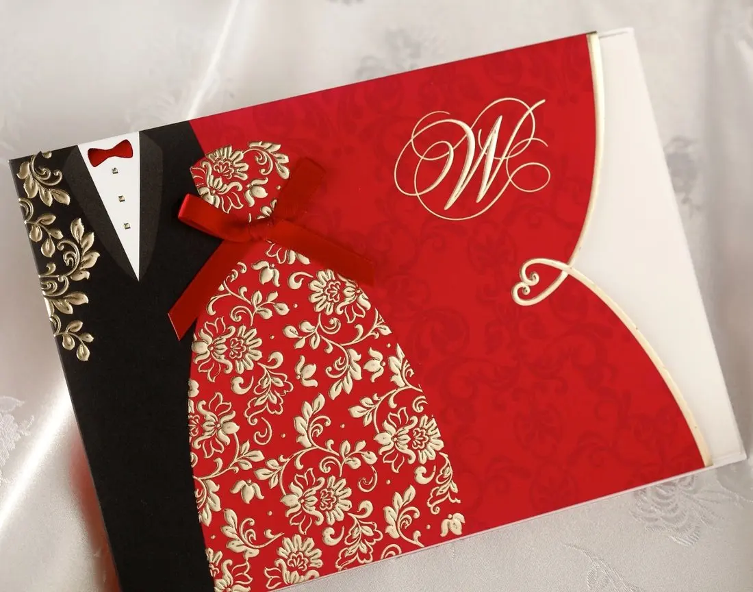 

1pcs Traditional Chinese Style Red Wedding Invitations Cards Lot with Envelopes, Black & Red, Tuxedo & Dress Blank Wedding Cards