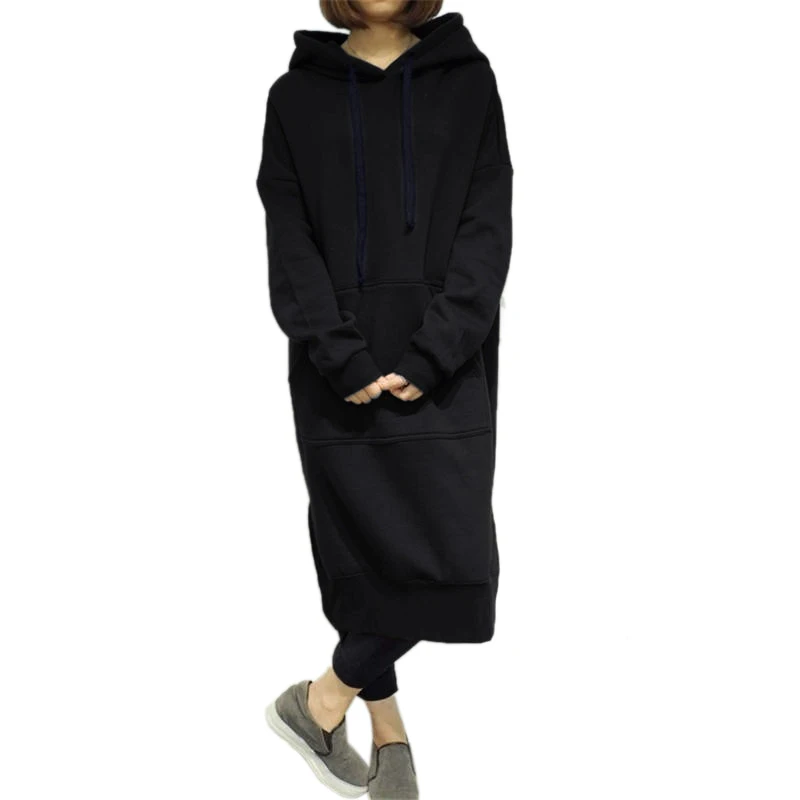 

Women Fashion Winter Long Sleeve Big Pocket Side Slit Long Hooded Sweatshirt Dress Ladies Casual Solid Color Warm Baggy Dress