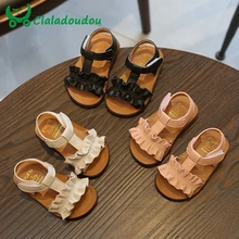 Claladoudou 12-16cm crianças sandálias 2019 rosa bege puro verão meninas sandália babados princesa sapatos anti-deslizamento sandália do bebê da criança