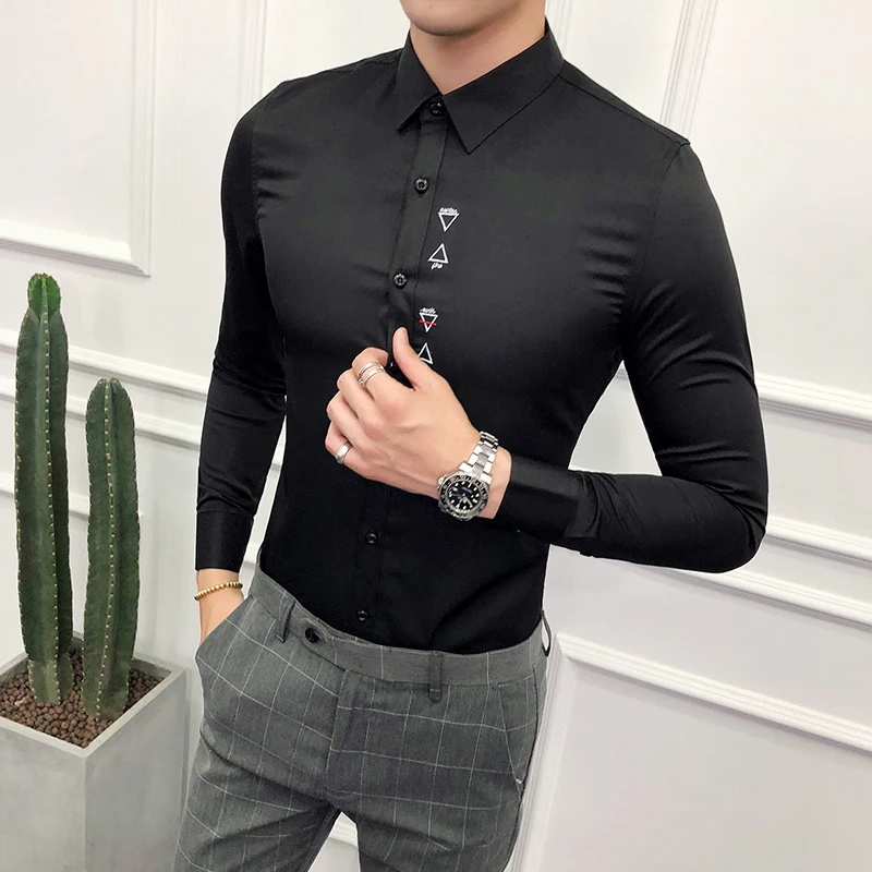 

Embroider shirt men 2019 slim fit black wite mens dress shirt camisa masculina camicia uomo